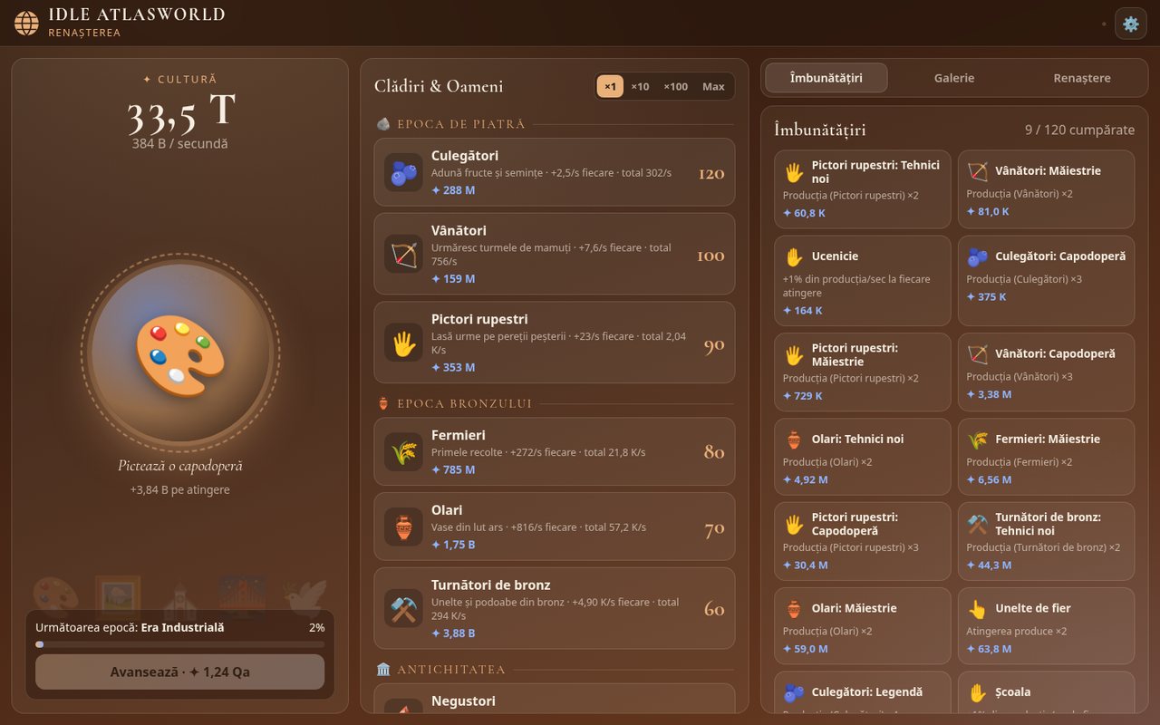 Captură din jocul Idle AtlasWorld — Evoluția Civilizațiilor