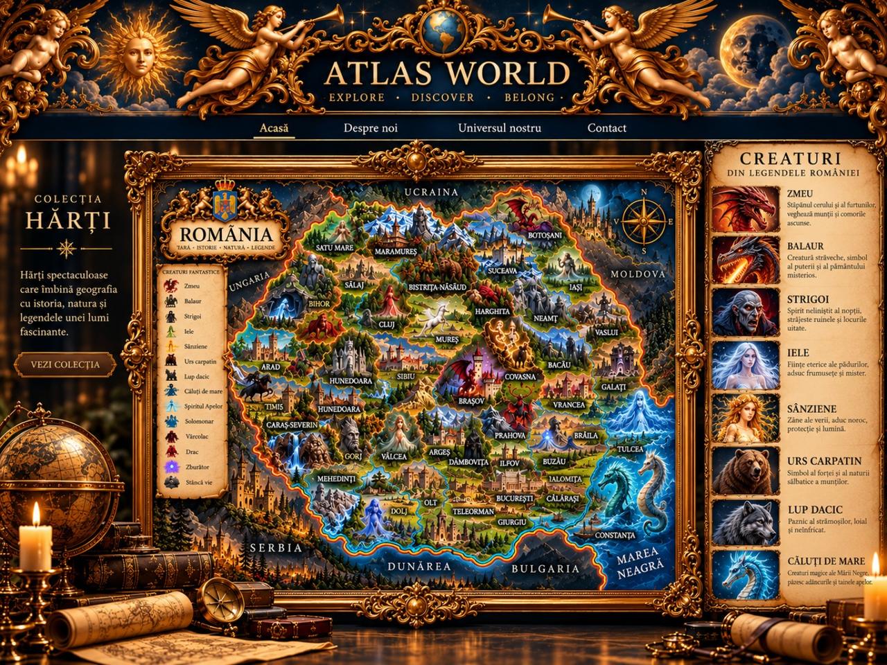 Primul tablou Atlas World: România, hartă fantastică în ramă barocă, cu legendă a creaturilor